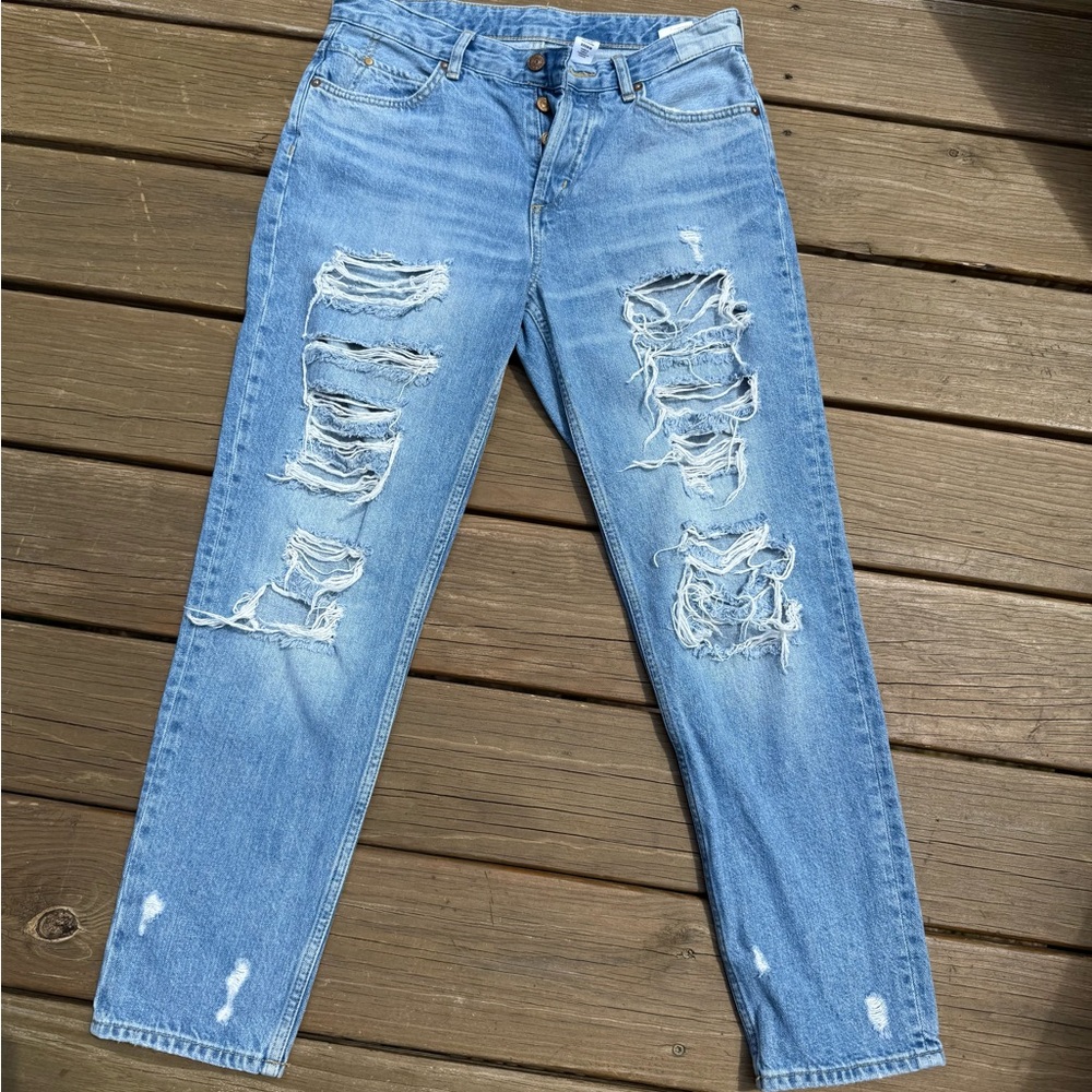 & Denim Blue Boyfriend Jeans with Distressed Details